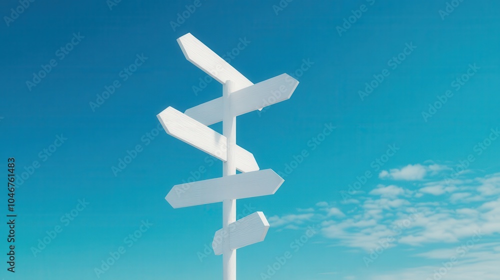 A minimalist directional signpost stands against a vibrant blue sky, symbolizing travel and exploration. Ideal for navigation and journey themes. A minimalist directional signpost stands against a vibrant blue sky, symbolizing travel and exploration. Ideal for navigation and journey themes.