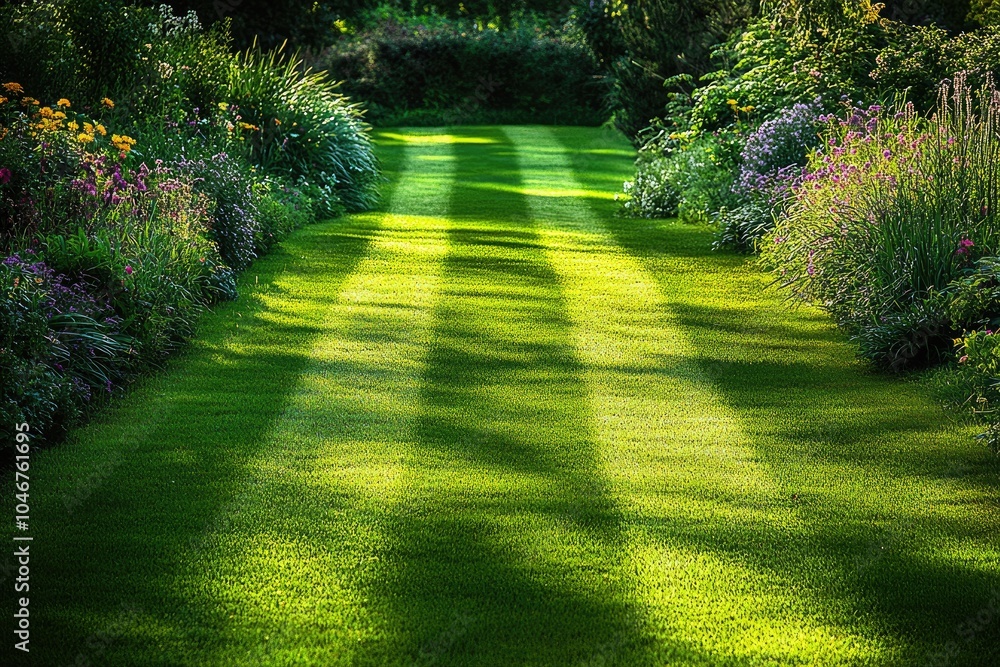 Obraz premium A lush green lawn with striped shadows. Perfect for representing a well-kept garden or outdoor space.