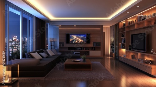 Modern Living Room with City View at Night