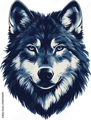 A detailed and stylish illustration of a wolf's face in shades of blue and white, set against a clean white background, capturing a calm and intense expression