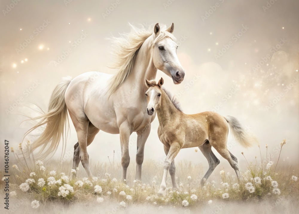Obraz premium Surreal Photography of a Mare and Foal Isolated on White Background â€“ Enchanting Equine Bonding Moments Captured in a Dreamlike Scene