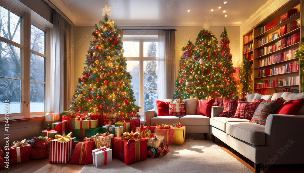 Obraz premium Sparkling Christmas decor features colorful gifts and festive lights surrounding a beautifu_1(789)