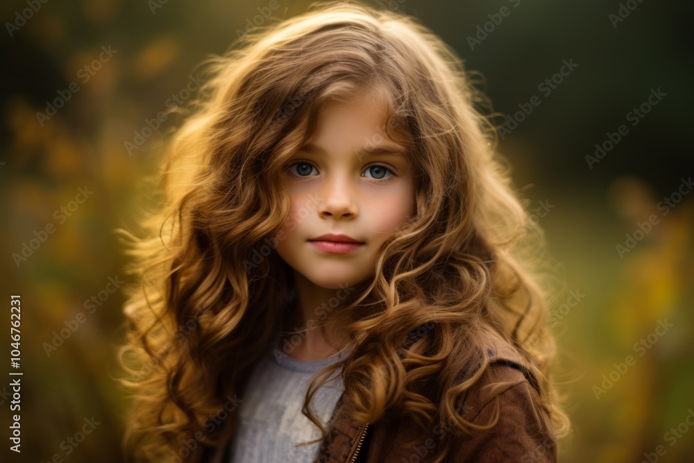 Portrait of a beautiful little girl with long curly hair in the autumn park. Portrait of a beautiful little girl with long curly hair in the autumn park.