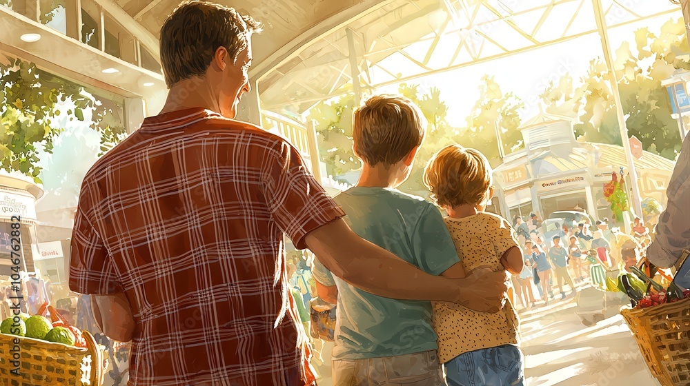 Obraz premium Family Outing at the Market A Joyful Day with Kids in the Sunlight