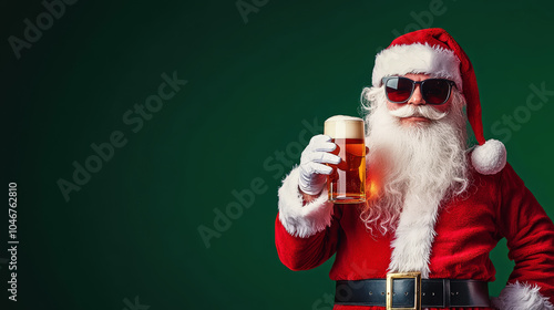 Trendy Santa Claus in sunglasses drinking beer. Sales banner, deep red and green colors, copy space. Generative AI
