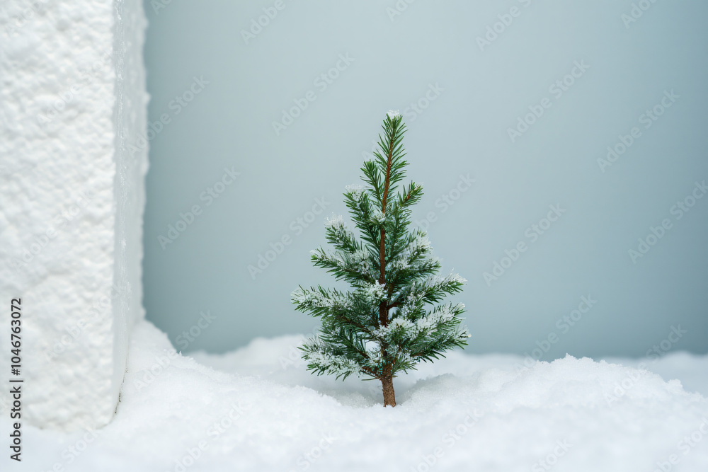 Fototapeta premium small christmas tree branch placed snowy white surface corner nearby outside today