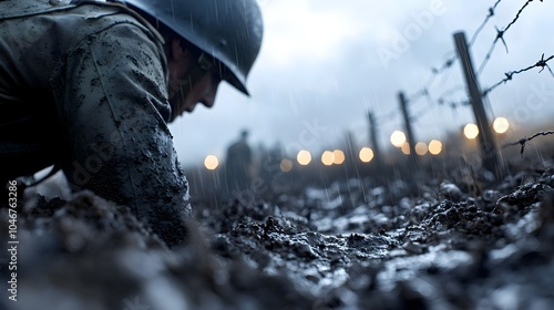 Intense Nightfall Trench Defense - Combat-Ready Soldiers in Rain-Soaked Mud Amidst Chaos and Shadows photo