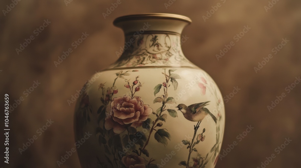 Elegant Floral Vase with Bird Design and Soft Lighting Elegant Floral Vase with Bird Design and Soft Lighting
