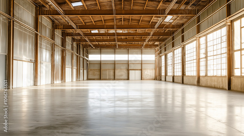 Large empty industrial warehouse with high windows and sunlight streaming through, casting long shadows.