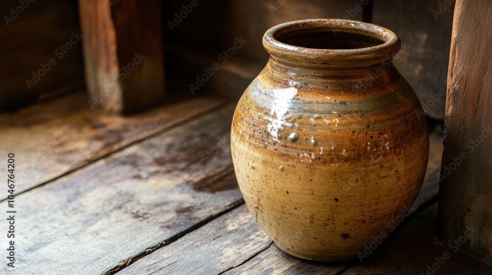 Rustic Pottery Vase on Wooden Floor Rustic Pottery Vase on Wooden Floor