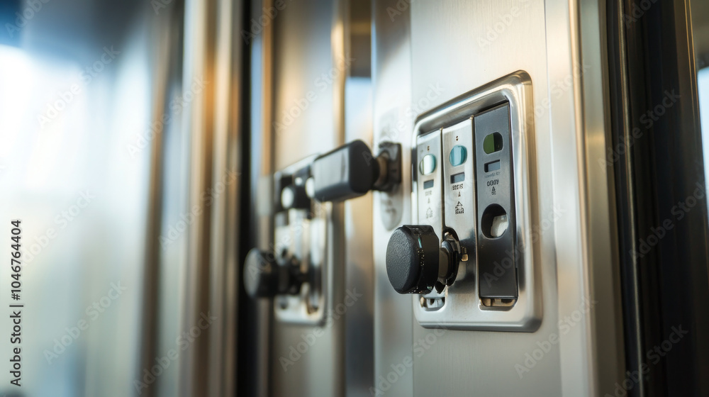 Naklejka premium Industrial Control Panel Close-Up: Detailed view of a sleek, metallic industrial control panel with various knobs, switches, and levers. Focus on precision engineering and functionality.