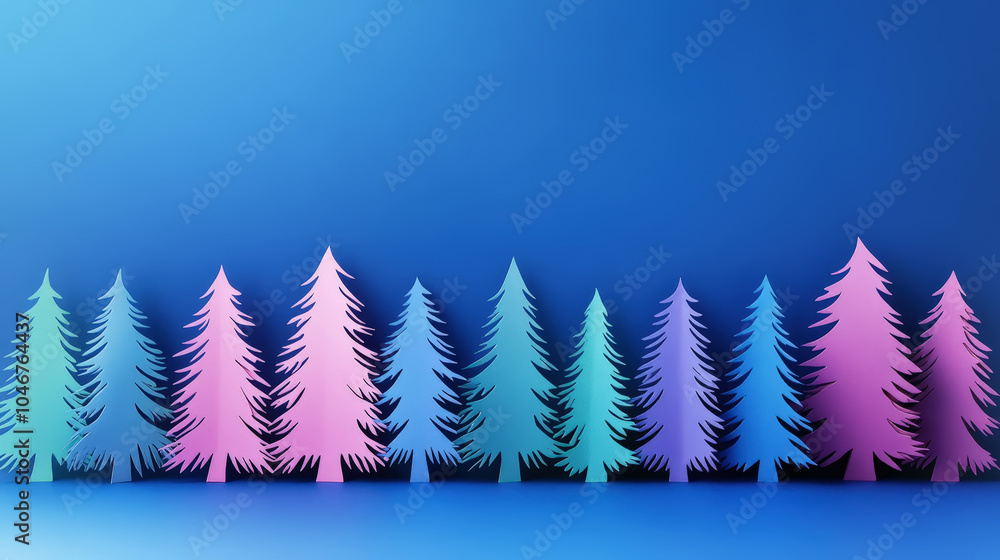 Obraz premium Small colorful paper cutout Christmas trees standing in a row, deep blue background. Greeting card. Generative AI
