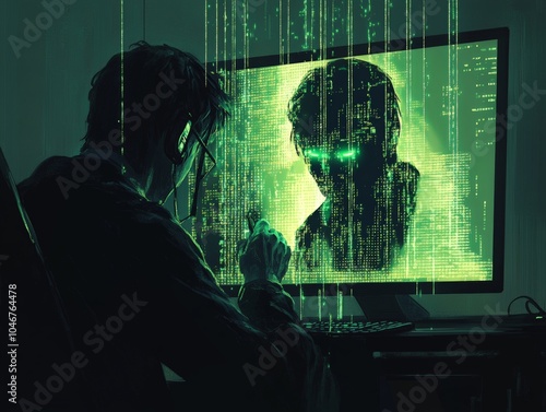 A hacker using a man-in-the-middle attack to intercept communication between two parties, altering the messages being exchanged.