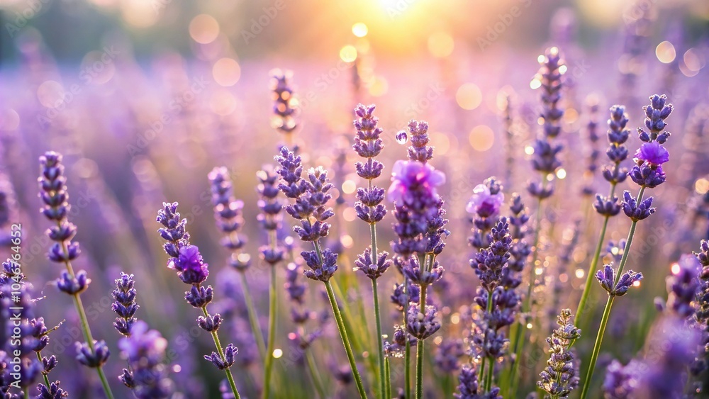 Fototapeta premium Lavender fields in the morning mist with dew drops glistening on the flowers, serene atmosphere, natural light, cloudy sky, field of lavender