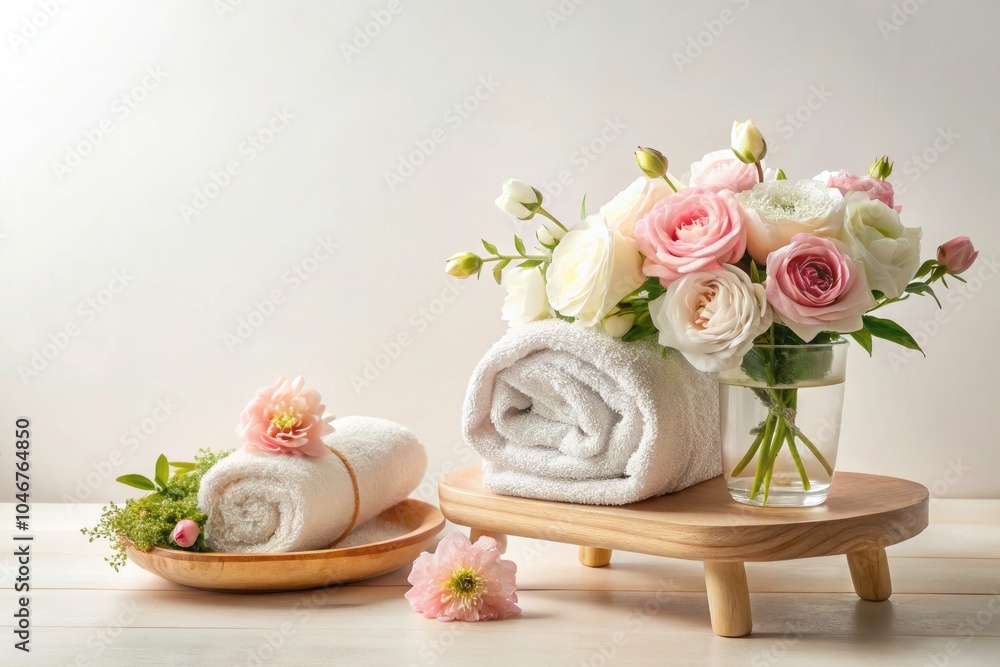 Tranquil Spa Still Life with Flowers and Towels on Wooden Stand - Serene Beige, Pink, and White Tones for Relaxation and Wellness Tranquil Spa Still Life with Flowers and Towels on Wooden Stand - Serene Beige, Pink, and White Tones for Relaxation and Wellness