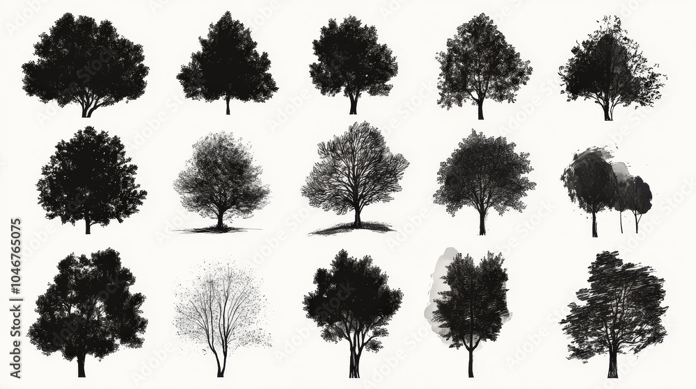 Fototapeta premium Trendy set of black silhouettes of trees on a white background, made with ink, rough brushstrokes. Generative AI