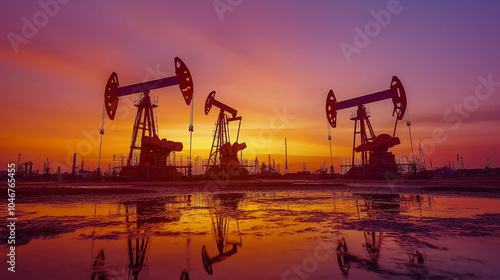 Oil pump jacks silhouetted against a vibrant sunset, reflecting in a water puddle on the ground. photo