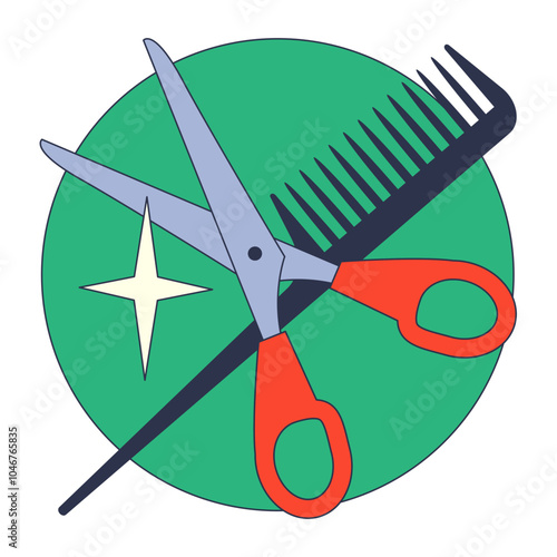 Scissors and comb on a green circle symbolize hairdressing and grooming.