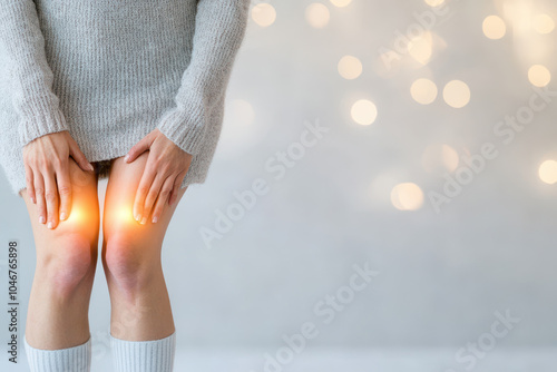 Woman holding knees with glowing pain area standing in cozy warm indoor setting