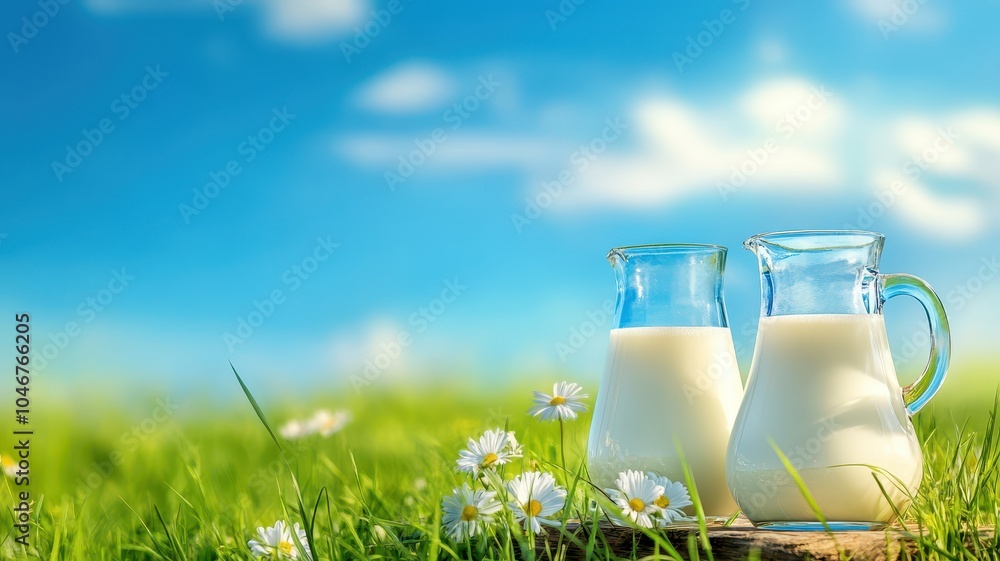 Fresh milk from pitcher into the glass with grass field and cows with a natural background,fresh milk ad template banner,Cows live on natural pastures, packaging with milk packs concept. Fresh milk from pitcher into the glass with grass field and cows with a natural background,fresh milk ad template banner,Cows live on natural pastures, packaging with milk packs concept.