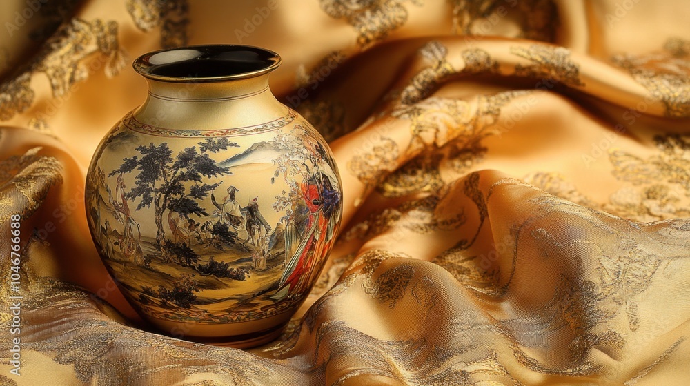 Ornate Vase on Luxury Fabric Background Ornate Vase on Luxury Fabric Background