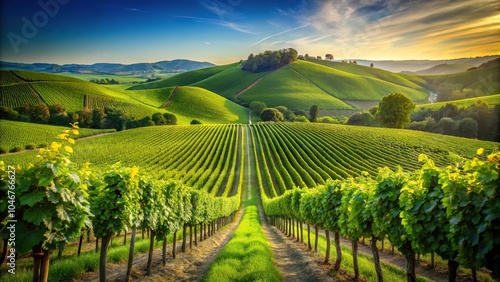 Wallpaper Mural Lush green vineyard landscape with rolling hills and towering grapevines, rural, rolling hills, vines Torontodigital.ca