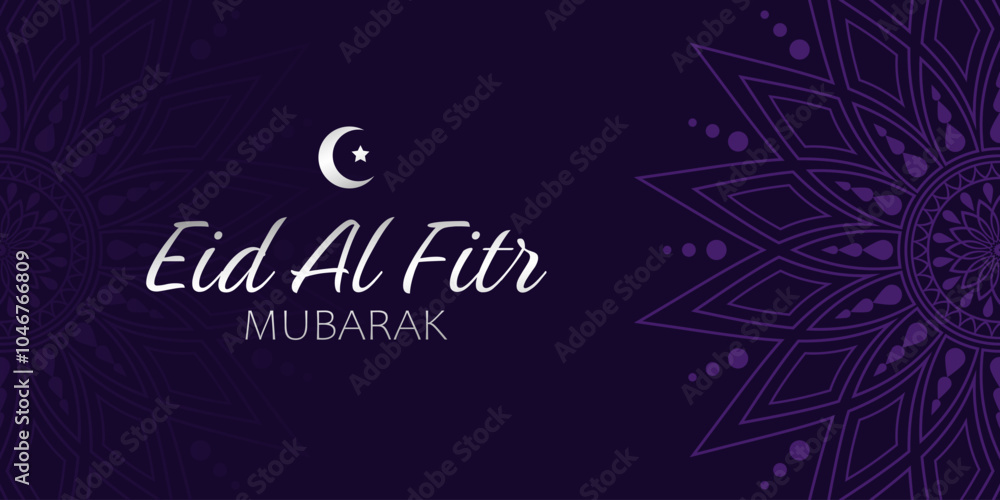 Text Eid Al Fitr Mubarak and abstract floral mandala ornament on dark blue background. Elegant festive design for greeting card, banner or poster to mark the end of Ramadan. Text Eid Al Fitr Mubarak and abstract floral mandala ornament on dark blue background. Elegant festive design for greeting card, banner or poster to mark the end of Ramadan.