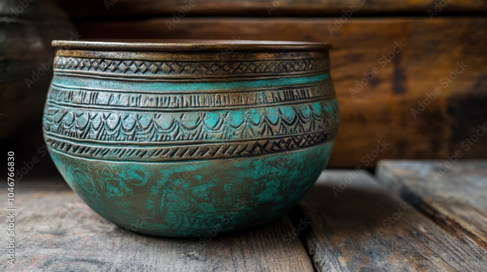 Decorative Embossed Bowl on Wooden Surface Decorative Embossed Bowl on Wooden Surface