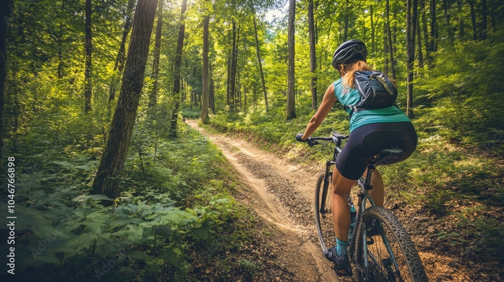 Fototapeta premium Adventurous biking trails through lush countryside, with cyclists enjoying the fresh air and beautiful scenery.