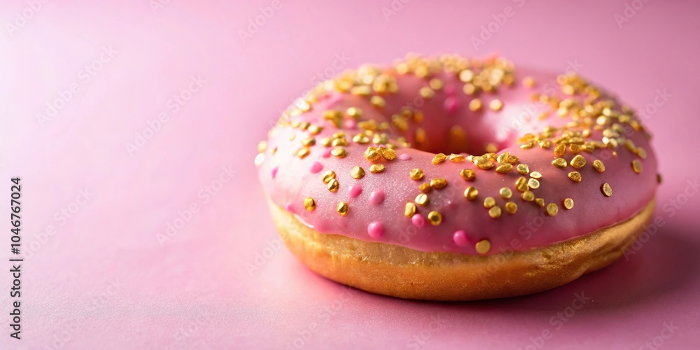 luxurious pink donut decorated with edible glitter and gold leaf on pink background close-up luxurious pink donut decorated with edible glitter and gold leaf on pink background close-up