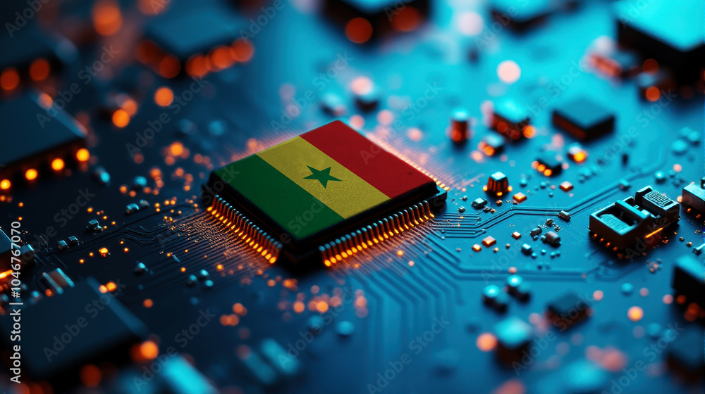 A Senegal themed chip is placed on a detailed circuit board, with glowing connections that emphasize influence in electronics, computing, and tech innovation. A Senegal themed chip is placed on a detailed circuit board, with glowing connections that emphasize influence in electronics, computing, and tech innovation.