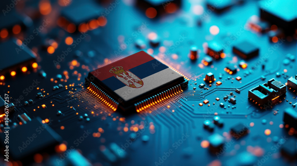 A Serbia themed chip is placed on a detailed circuit board, with glowing connections that emphasize influence in electronics, computing, and tech innovation. A Serbia themed chip is placed on a detailed circuit board, with glowing connections that emphasize influence in electronics, computing, and tech innovation.