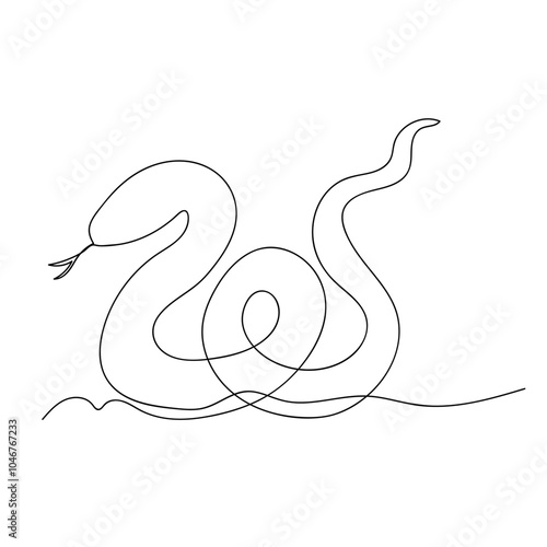Snake, symbol of the year in continuous line art drawing. Vector illustration on white background. Single line snake concept. Line art, outline, banner in minimalism style.