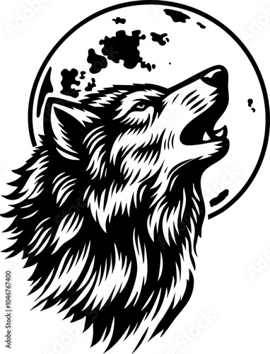 Wolf howling at the moon vintage illustration in an old vintage engraved etching woodcut style