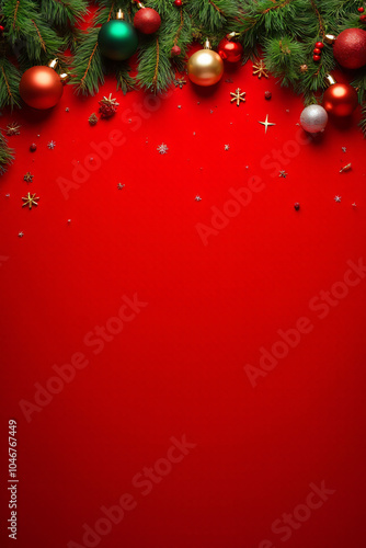 fir branches decorate festive red christmas background ornaments