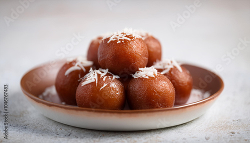 Gulab jamun with coconut in ceramic plate. Sweet confectionary. Delicious Indian dessert. photo