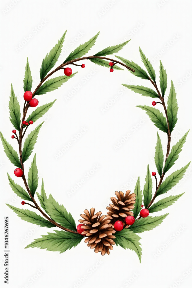 Fototapeta premium fresh watercolor decoration features spruce pine cones red berries festive holiday wreath
