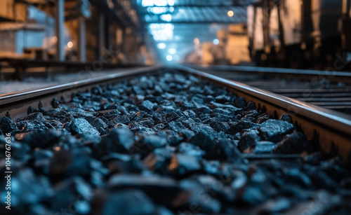 Close-up of railway tracks covered with coal pieces, extending into a dimly lit industrial area.