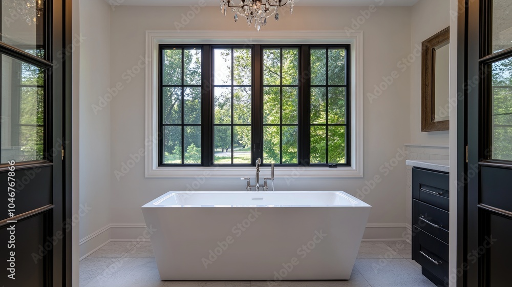 Modern bathroom with a bathtub. Perfect for showcasing bathroom designs, home interiors, and luxury living. Modern bathroom with a bathtub. Perfect for showcasing bathroom designs, home interiors, and luxury living.