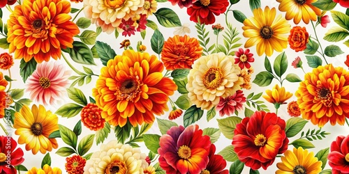 Vibrant Floral Pattern with Red, Yellow, and Orange Flowers on White Background for Fashion Photography and Design Projects