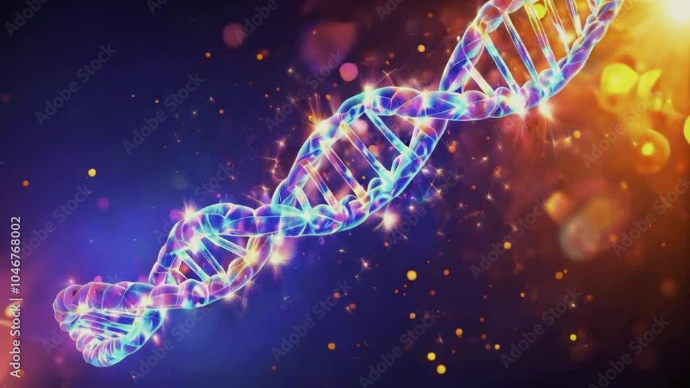 A vibrant 3D representation of a DNA double helix with colorful lights and a dynamic background. A vibrant 3D representation of a DNA double helix with colorful lights and a dynamic background.
