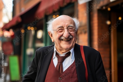 Portrait of a smiling senior man in glasses on a city street