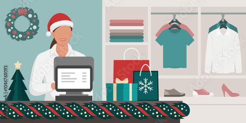 Shop interior with Christmas decorations and saleswoman