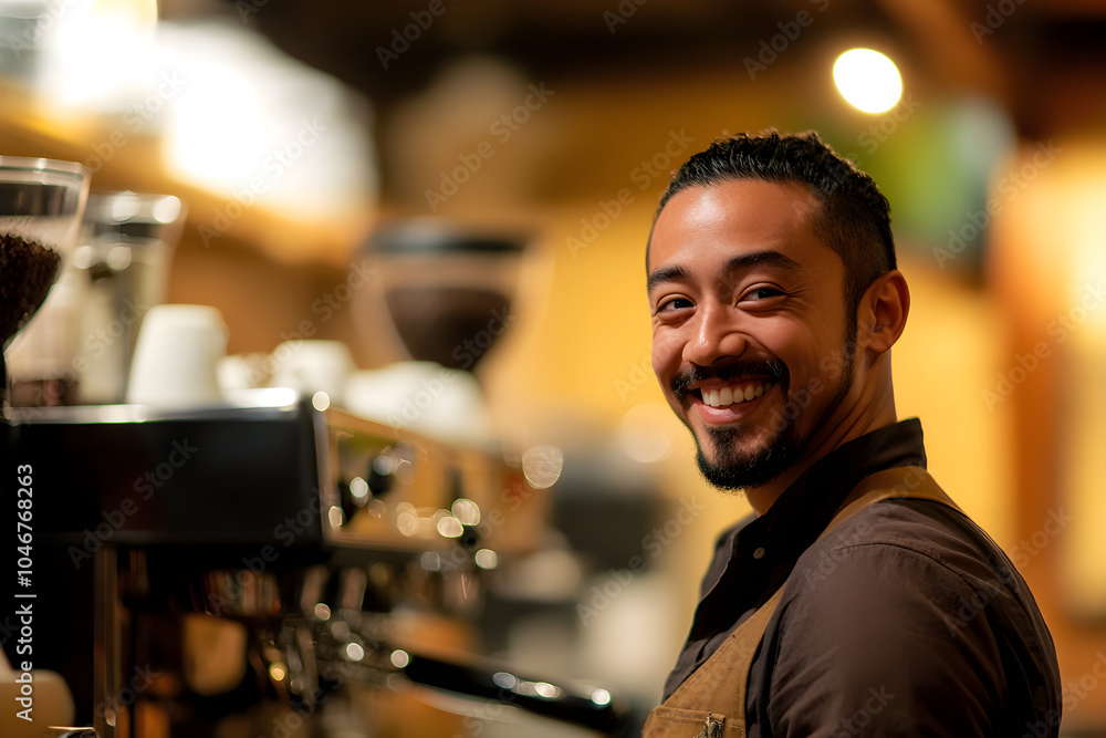 A male coffee shop barista of mixed race smiles warmly while working behind the espresso machine in a cozy cafe setting A male coffee shop barista of mixed race smiles warmly while working behind the espresso machine in a cozy cafe setting
