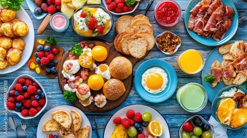 Wallpaper Mural An overhead shot of a colorful brunch spread, featuring a variety of dishes and drinks laid out on a rustic wooden table. Torontodigital.ca