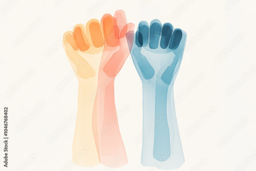 Obraz premium Abstract colorful fists raised, symbolic gesture of strength and unity