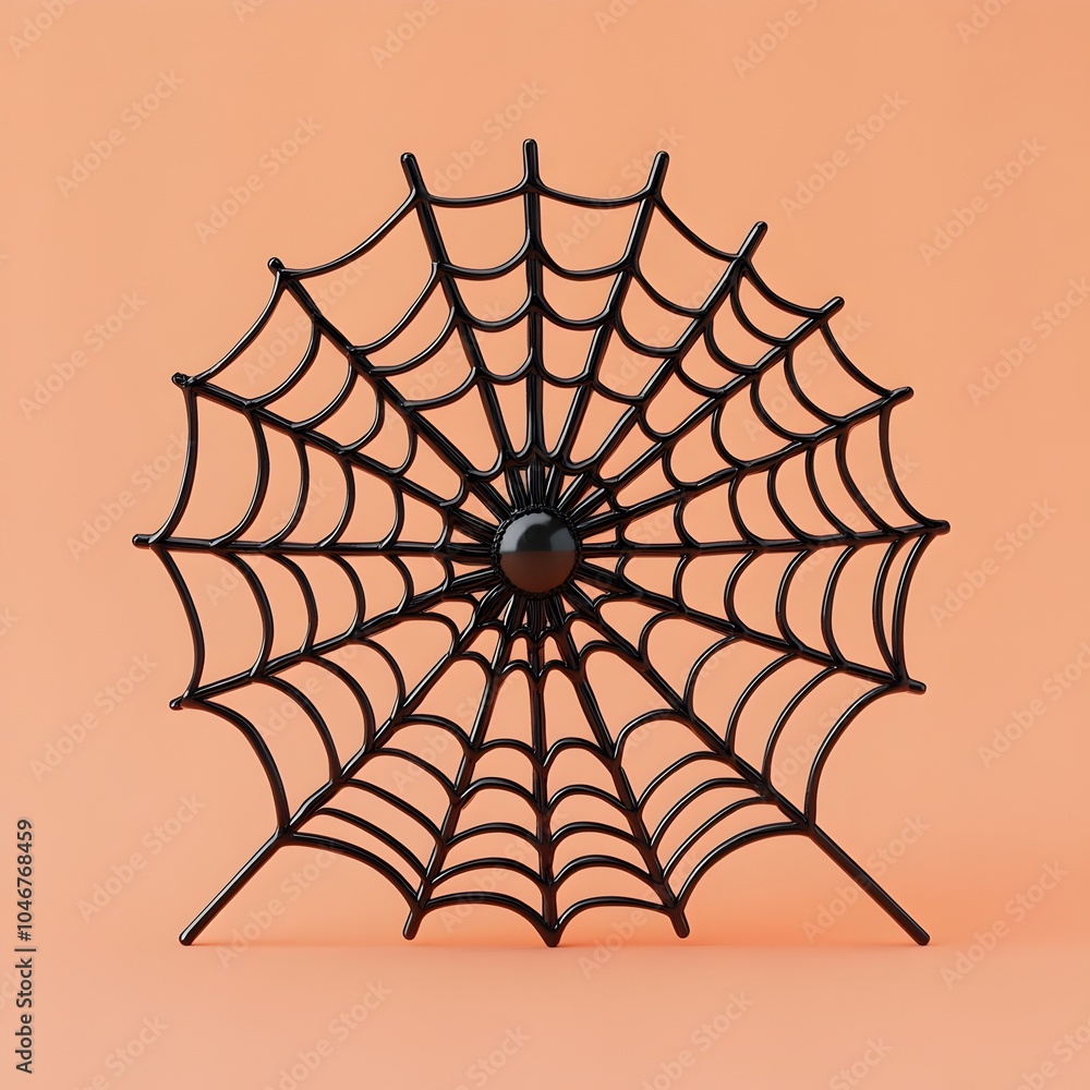Fototapeta premium Spiderweb 3D with Halloween Theme on Contrasting Plain Orange Backdrop Creepy Eerie Scary Seasonal Ornament or