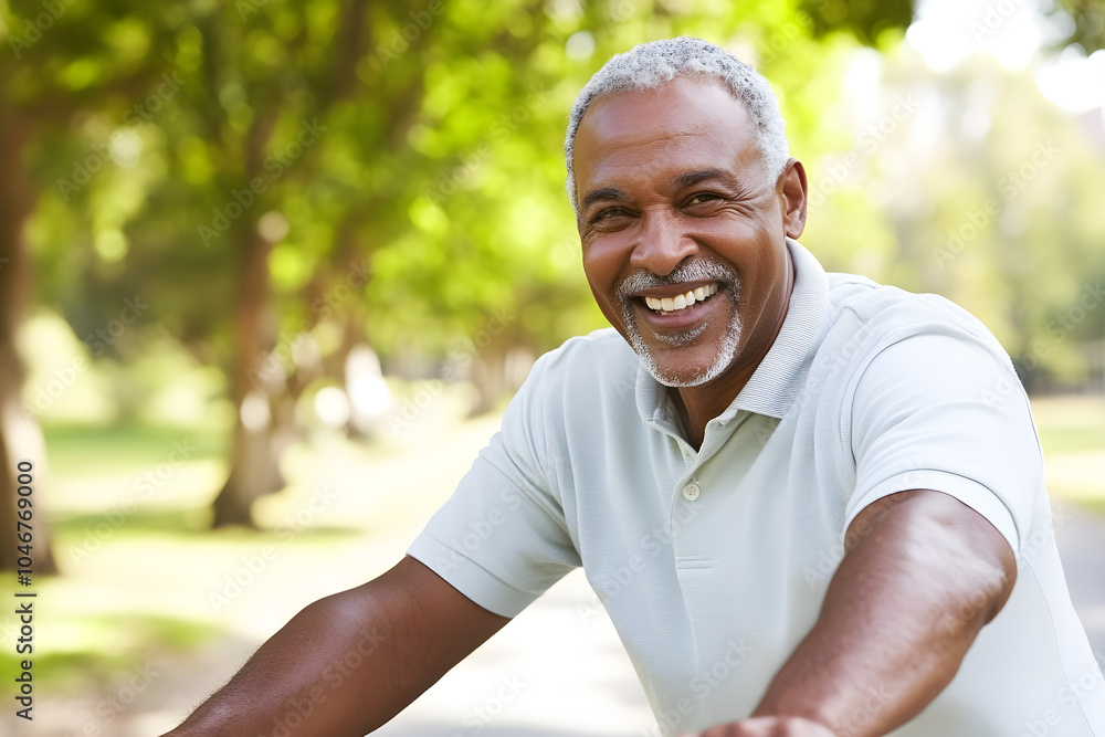 A cheerful older man smiles warmly while riding a bicycle in a sunny park, surrounded by lush greenery and trees A cheerful older man smiles warmly while riding a bicycle in a sunny park, surrounded by lush greenery and trees
