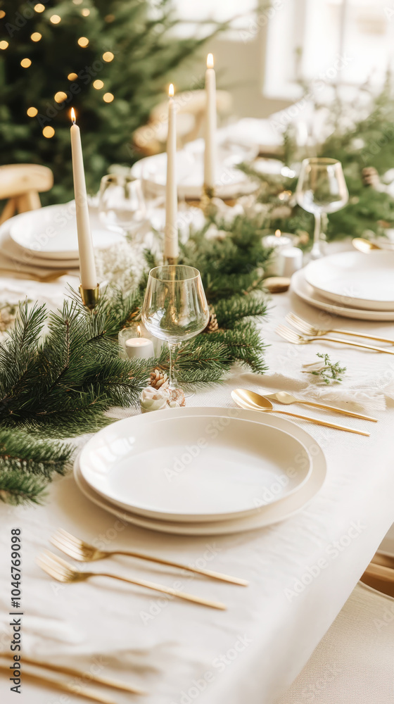 Festive elegant table, aesthetically served in white with pine branches. Traditional family dinner. Generative AI Festive elegant table, aesthetically served in white with pine branches. Traditional family dinner. Generative AI