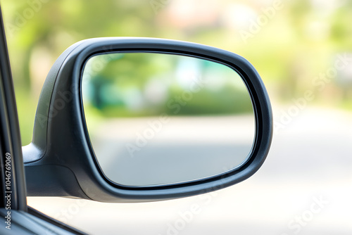 A close-up of a side mirror reflecting an empty road and greenery in the background creating a sense of calm and solitude